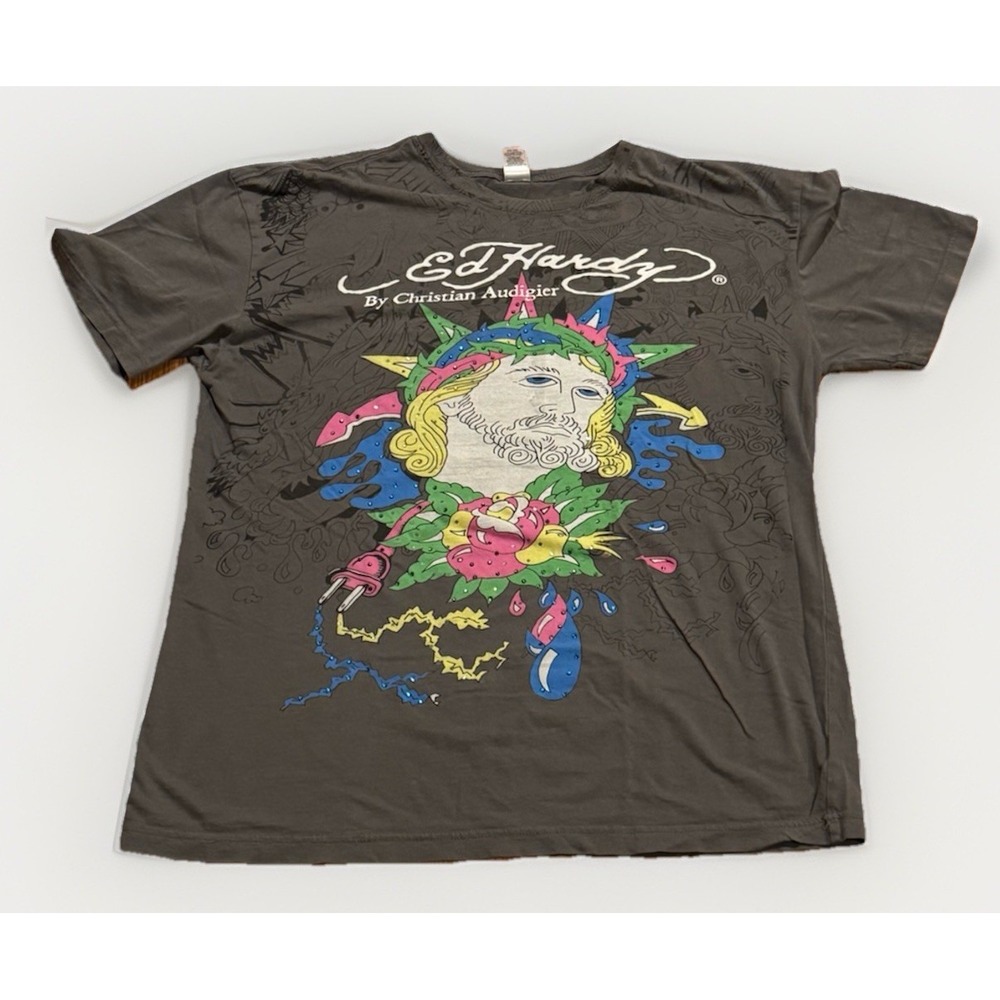 Vintage Christian Audigier Ed Hardy Shirt Jesus Tee All Over Print AOP XL Rare